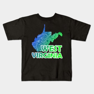 Colorful mandala art map of West Virginia with text in blue and green Kids T-Shirt